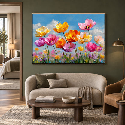 Colorful Wildflower Meadow Canvas Wall Art with Gold Framed Beauty