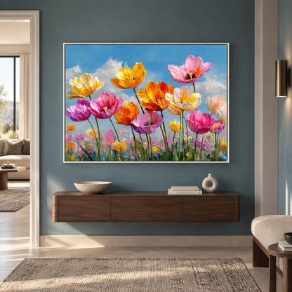 Colorful Wildflower Meadow Canvas Wall Art with Gold Framed Beauty