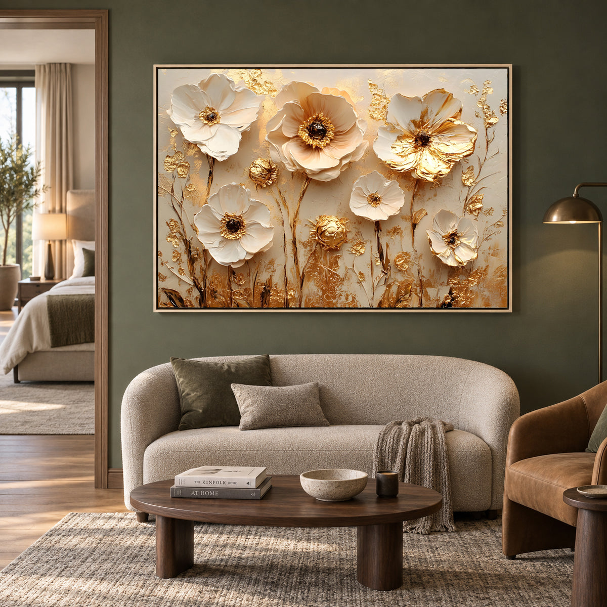 Luxury White & Gold Floral Canvas Wall Art for Elegant Interiors
