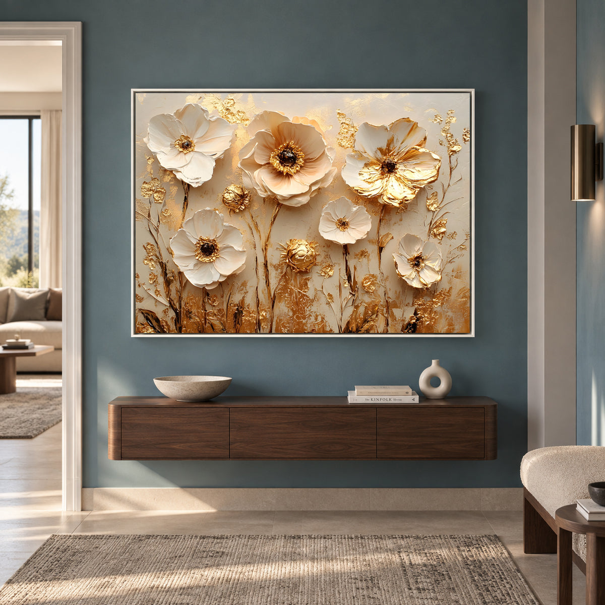 Luxury White & Gold Floral Canvas Wall Art for Elegant Interiors