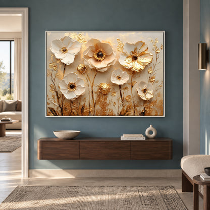 Luxury White & Gold Floral Canvas Wall Art for Elegant Interiors