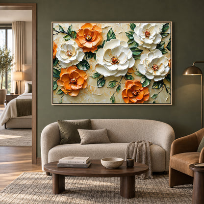 Elegant White & Amber Floral Canvas Wall Art with Gold Frame