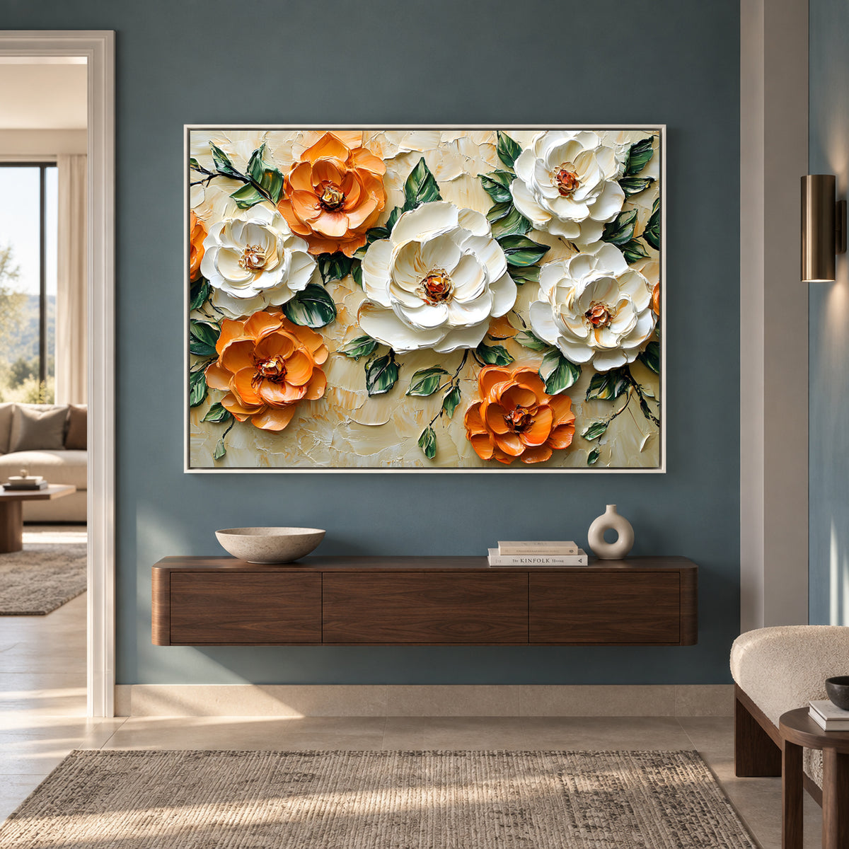 Elegant White & Amber Floral Canvas Wall Art with Gold Frame
