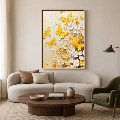 Golden Butterfly & White Floral Canvas Wall Art for Elegant Décor