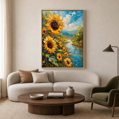Sunflower River Landscape Canvas Wall Art for Modern Office Décor