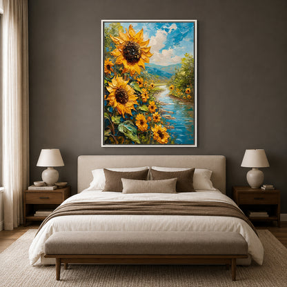 Sunflower River Landscape Canvas Wall Art for Modern Office Décor