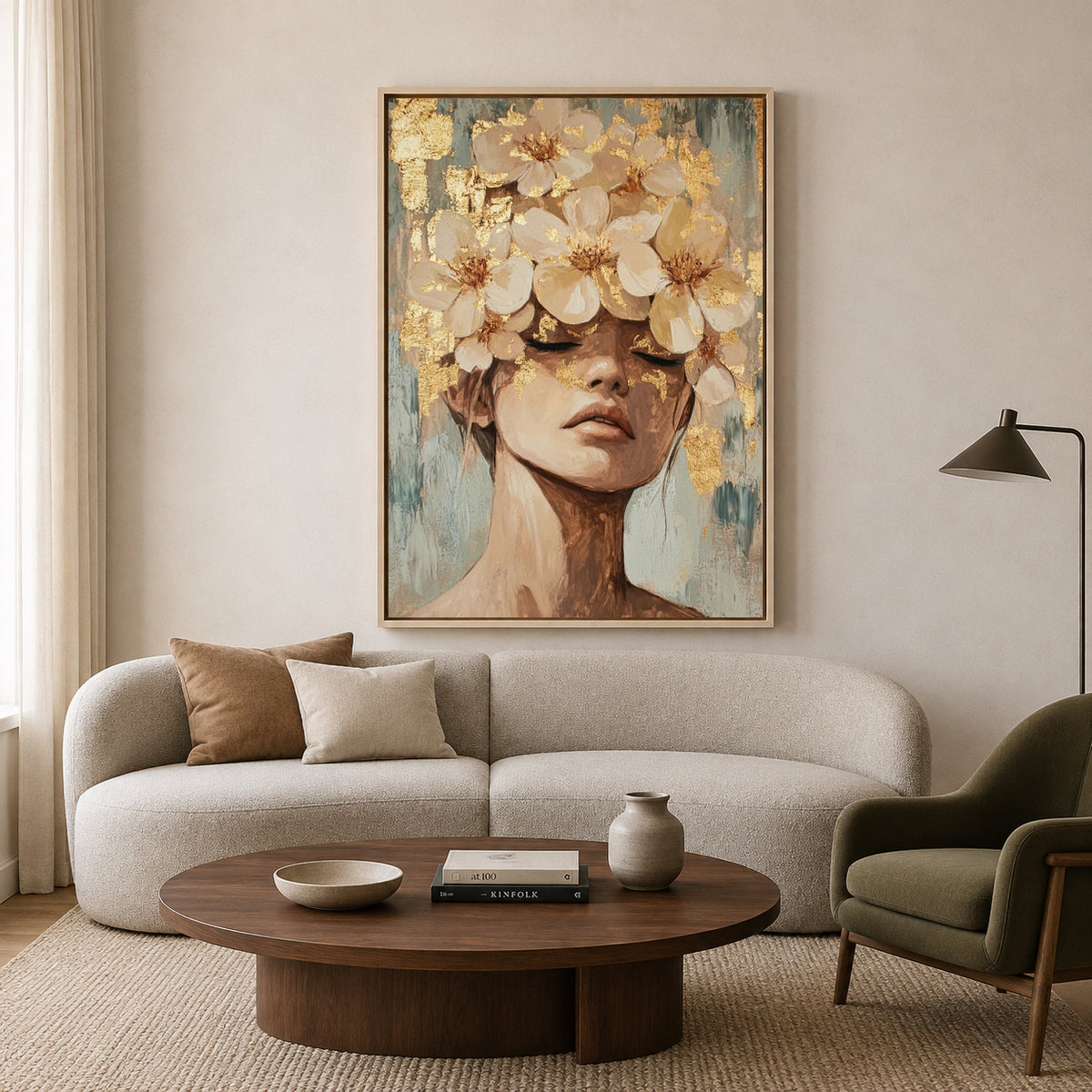 Elegant Floral Portrait Canvas Wall Art with Gold Accents Décor