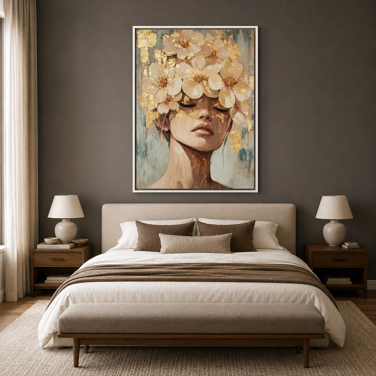 Elegant Floral Portrait Canvas Wall Art with Gold Accents Décor
