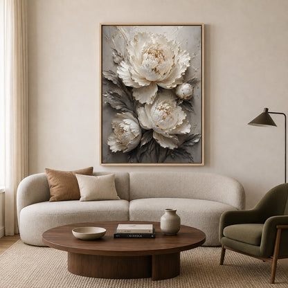 White Peony Floral Canvas Painting with Gold Accents