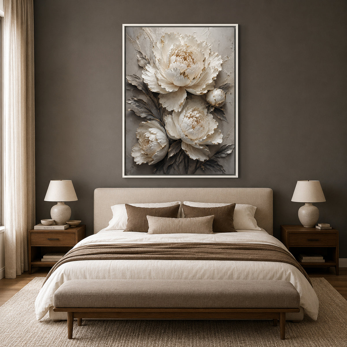 White Peony Floral Canvas Painting with Gold Accents