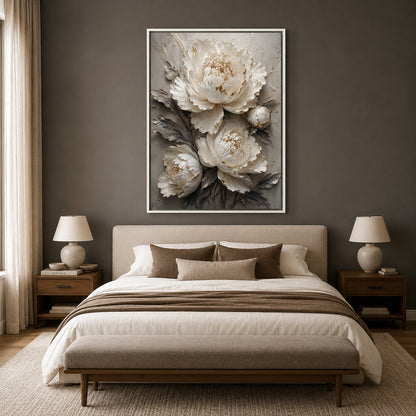 White Peony Floral Canvas Painting with Gold Accents