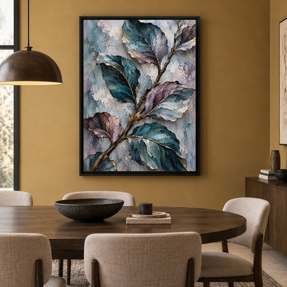 Textured Teal Botanical Canvas Art with Plum Leaves and Gold Accents