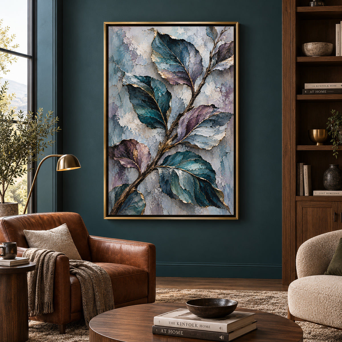 Textured Teal Botanical Canvas Art with Plum Leaves and Gold Accents