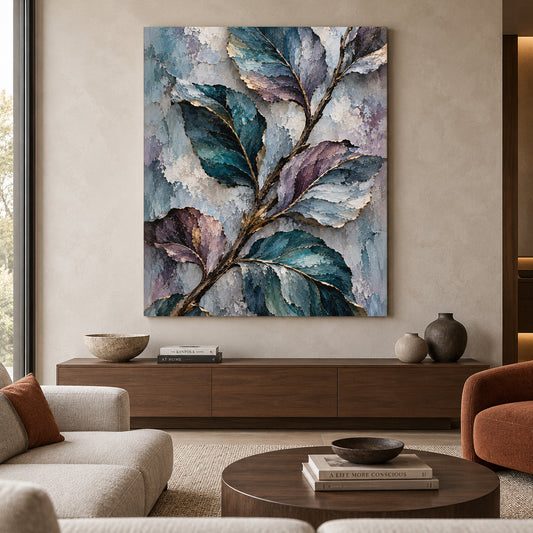 Textured Teal Botanical Canvas Art with Plum Leaves and Gold Accents