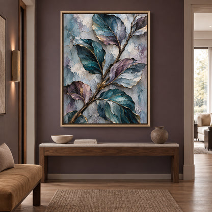 Textured Teal Botanical Canvas Art with Plum Leaves and Gold Accents