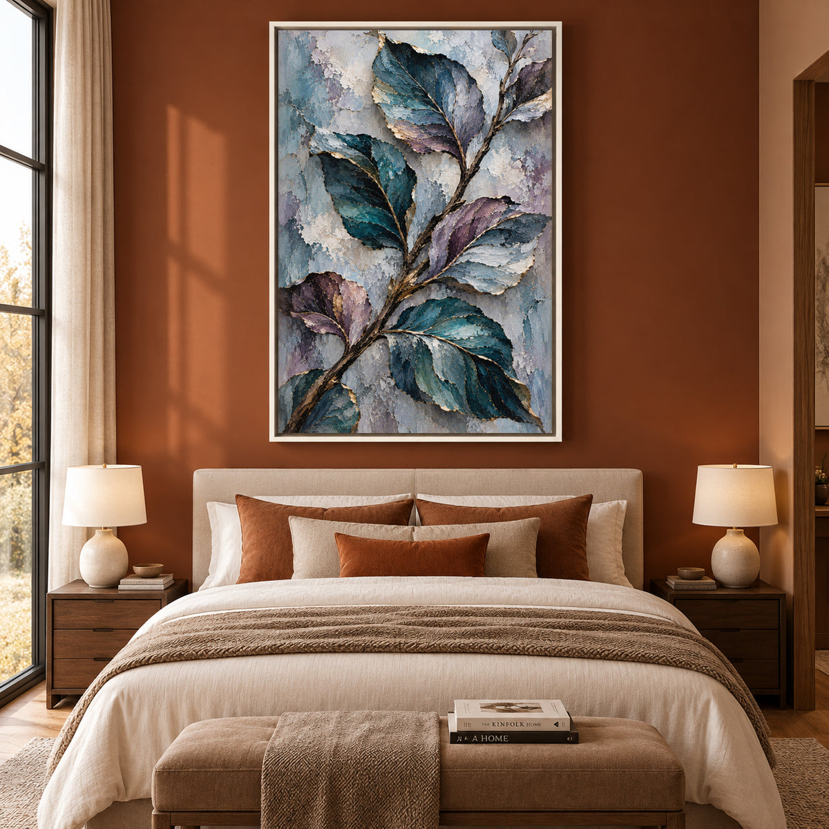 Textured Teal Botanical Canvas Art with Plum Leaves and Gold Accents