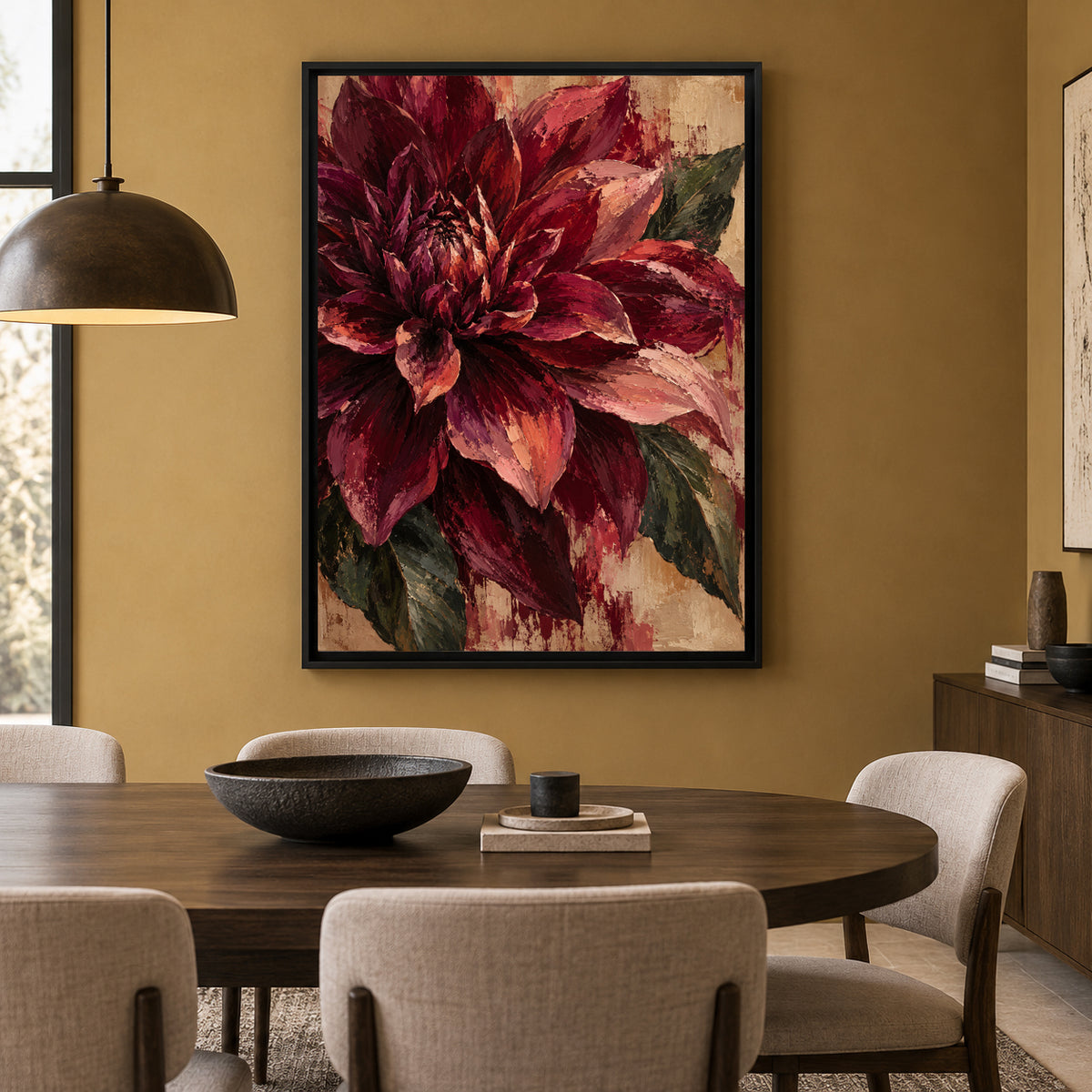 Burgundy Dahlia Textured Floral Canvas Art in Rich Wine Tones