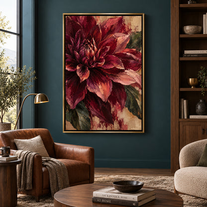 Burgundy Dahlia Textured Floral Canvas Art in Rich Wine Tones