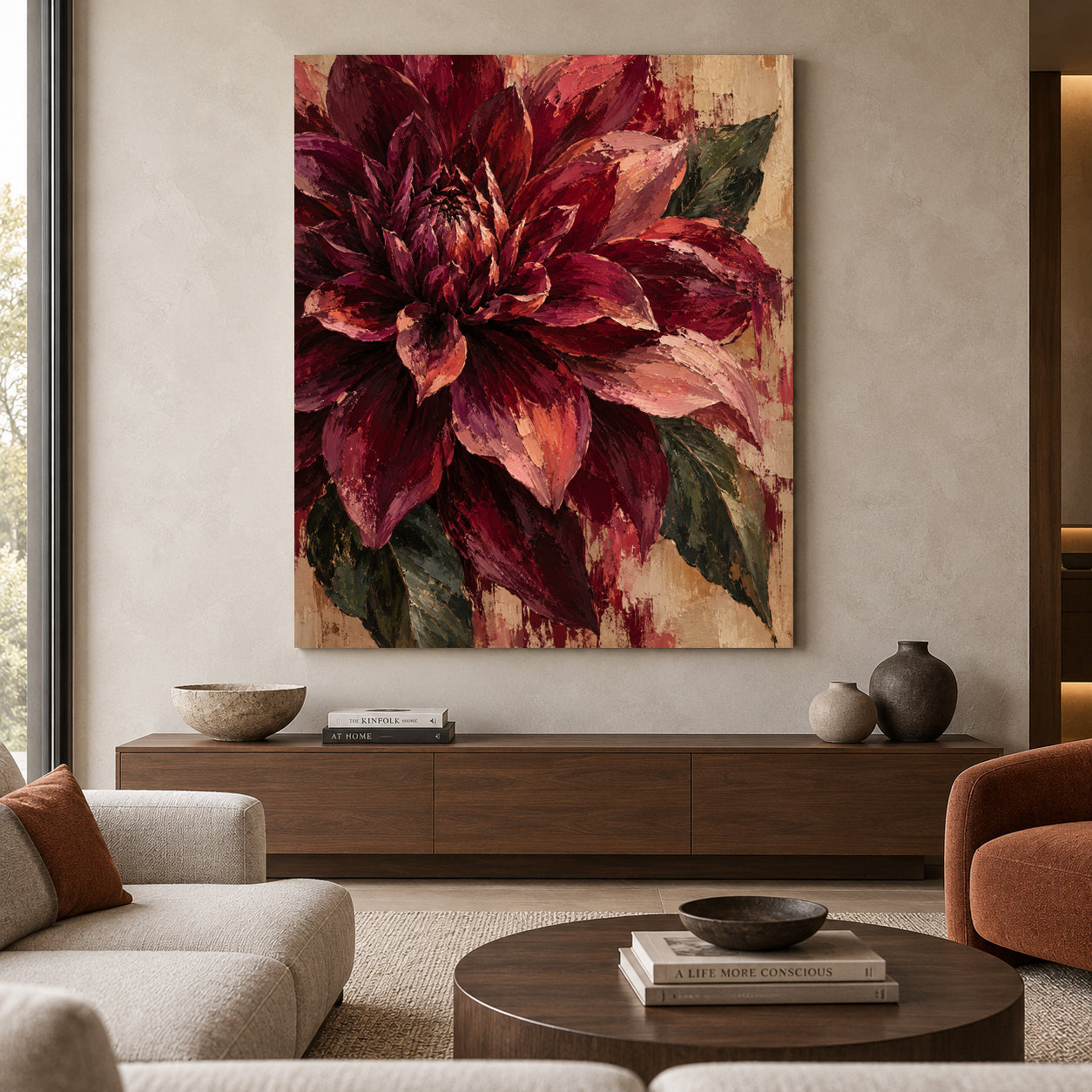 Burgundy Dahlia Textured Floral Canvas Art in Rich Wine Tones
