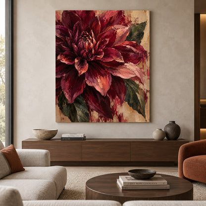 Burgundy Dahlia Textured Floral Canvas Art in Rich Wine Tones