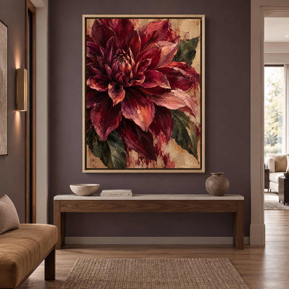 Burgundy Dahlia Textured Floral Canvas Art in Rich Wine Tones