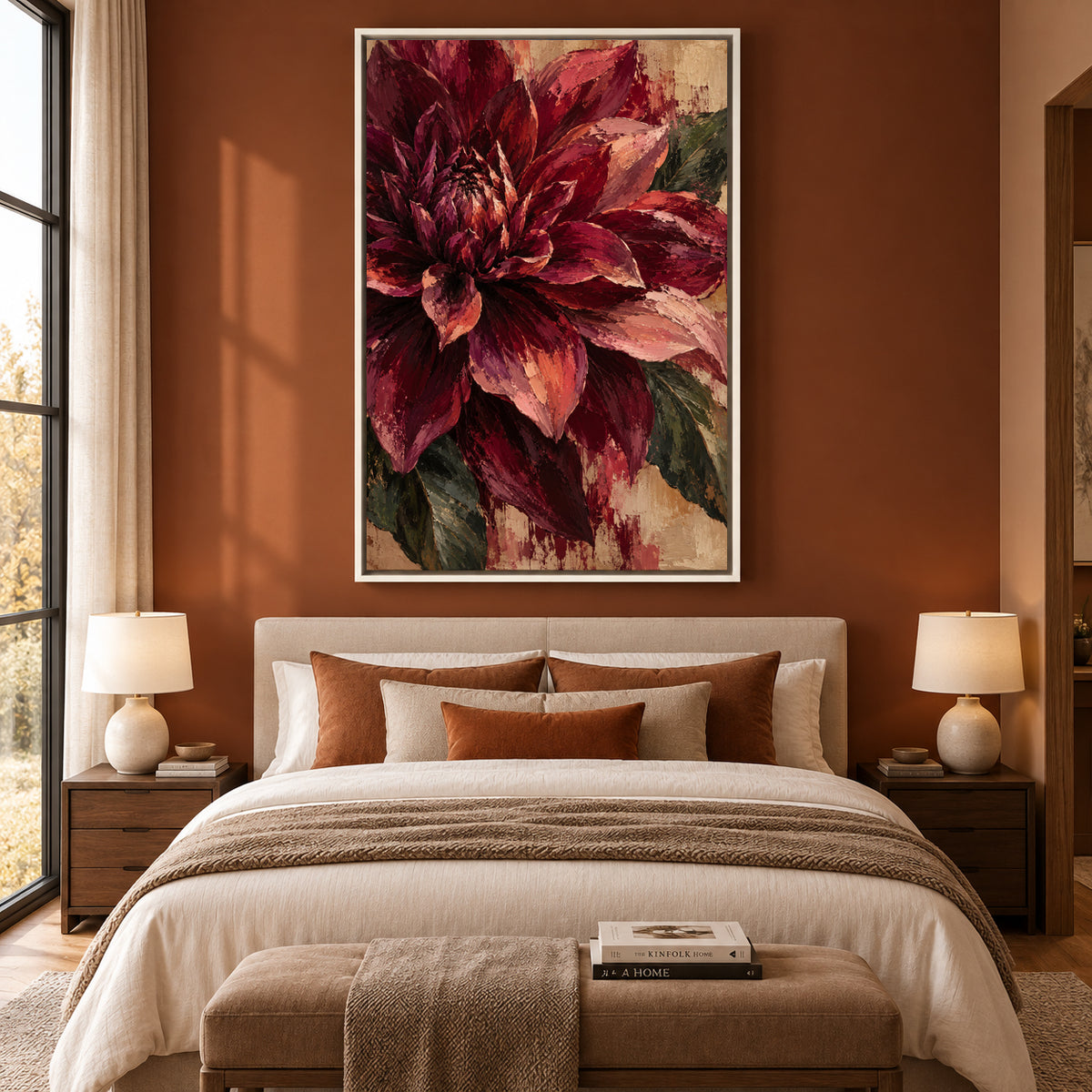 Burgundy Dahlia Textured Floral Canvas Art in Rich Wine Tones