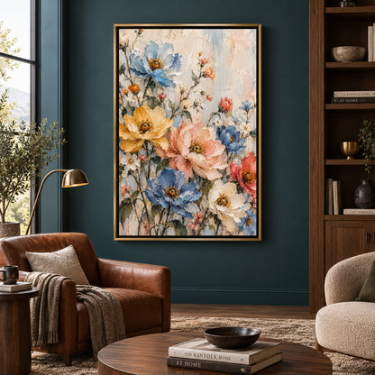 Pastel Wildflower Garden Canvas Art with Blue and Blush Blooms