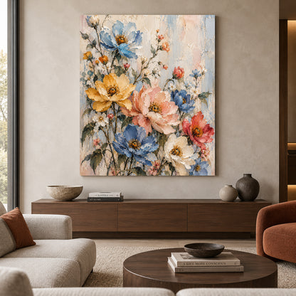 Pastel Wildflower Garden Canvas Art with Blue and Blush Blooms