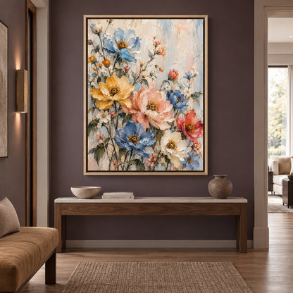 Pastel Wildflower Garden Canvas Art with Blue and Blush Blooms