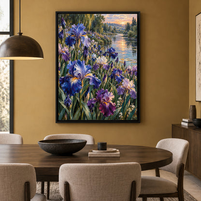 Blue Iris Garden Canvas Art with Sunset River Landscape