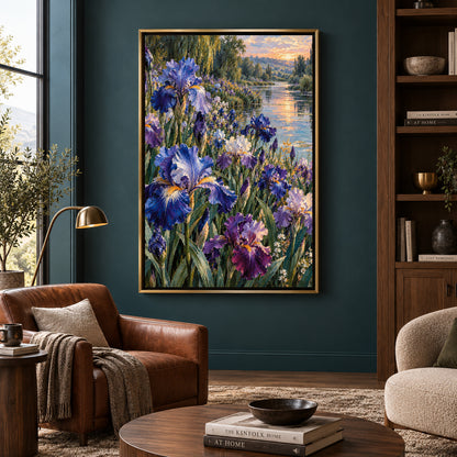 Blue Iris Garden Canvas Art with Sunset River Landscape