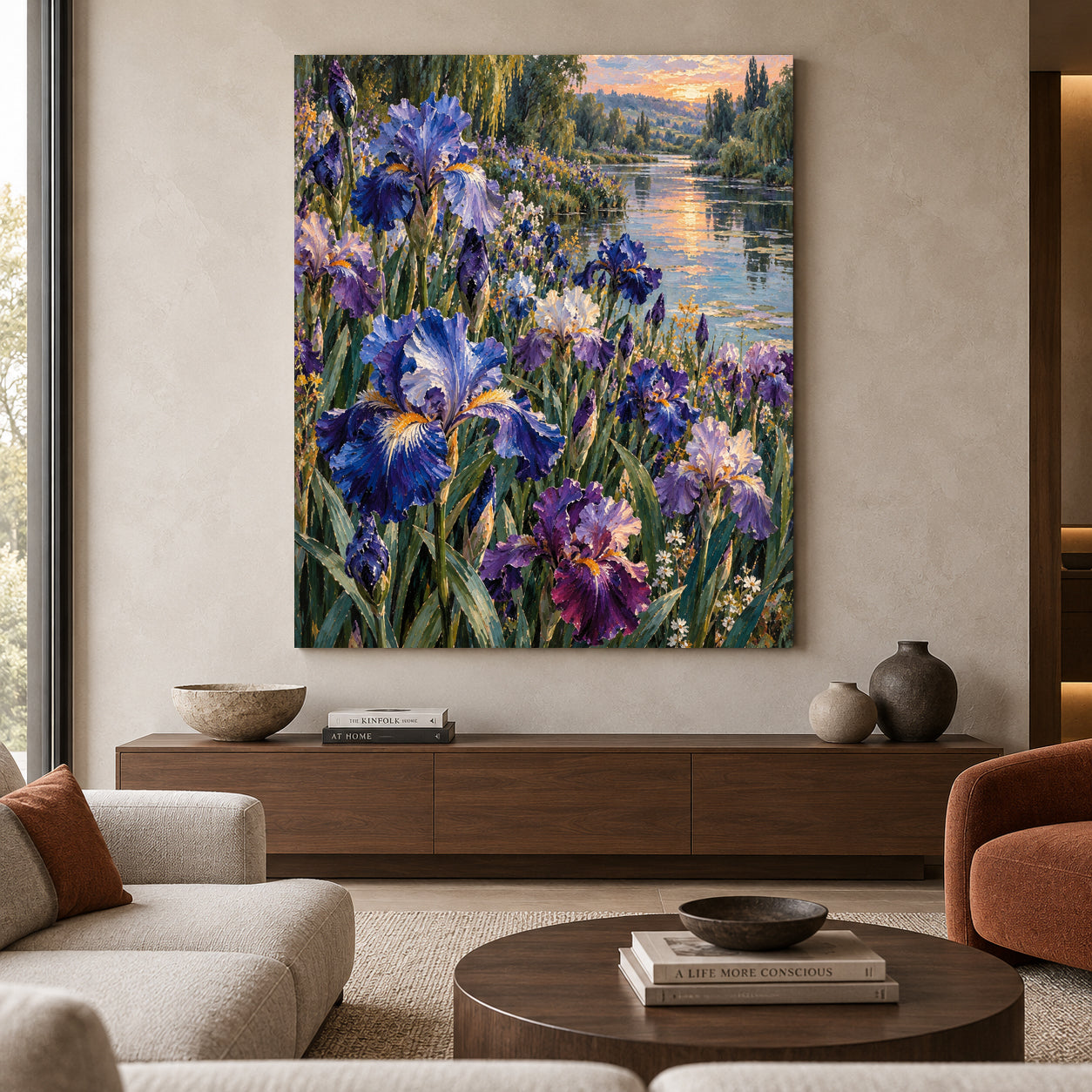 Blue Iris Garden Canvas Art with Sunset River Landscape