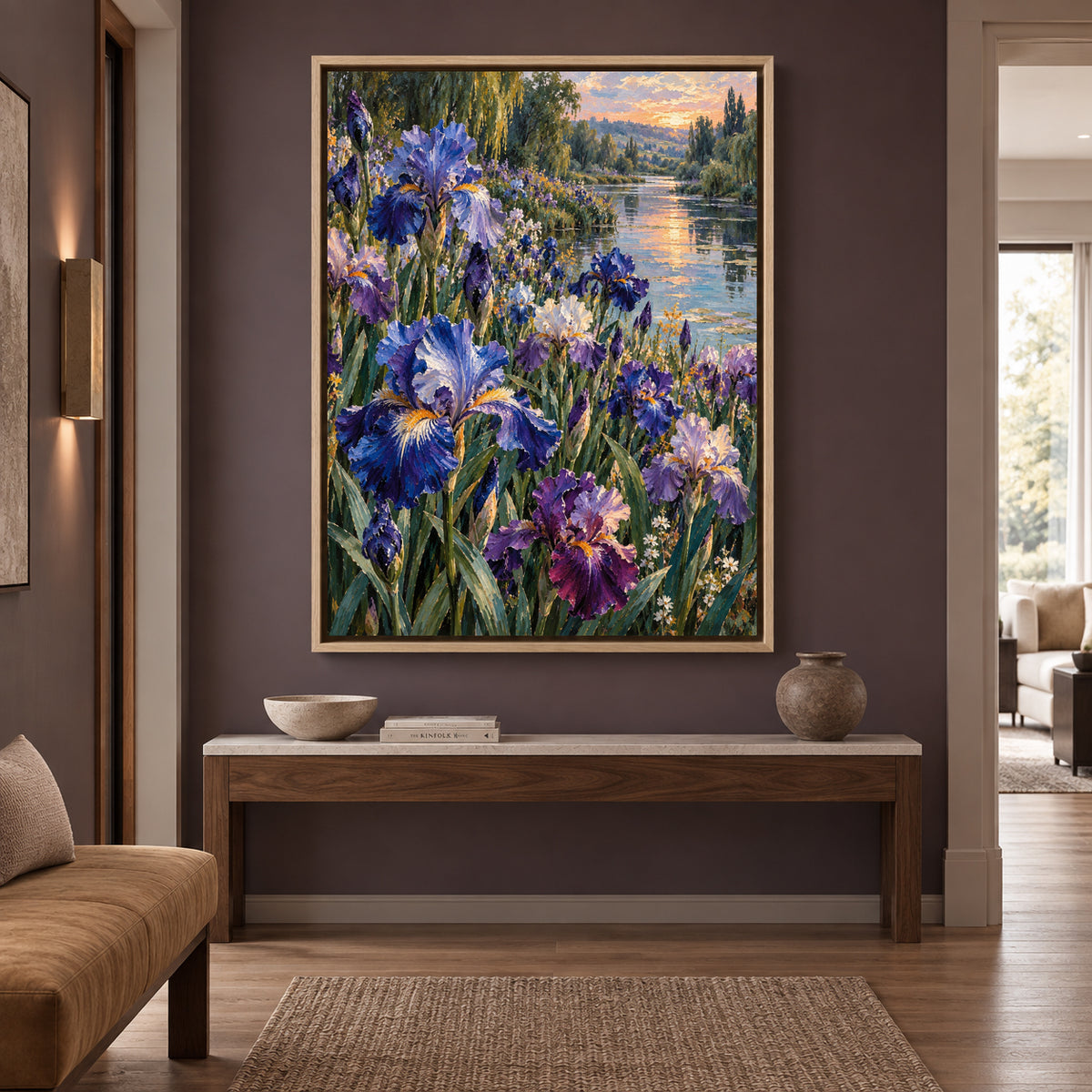 Blue Iris Garden Canvas Art with Sunset River Landscape
