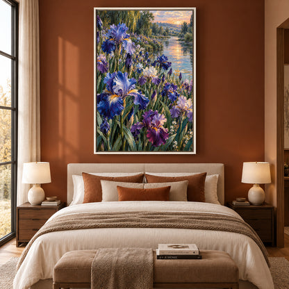 Blue Iris Garden Canvas Art with Sunset River Landscape