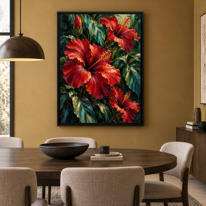 Red Hibiscus Tropical Flower Canvas Art with Lush Green Foliage