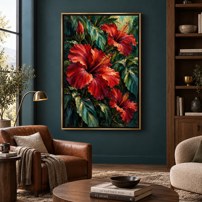 Red Hibiscus Tropical Flower Canvas Art with Lush Green Foliage