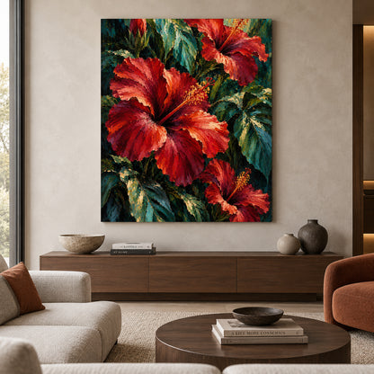 Red Hibiscus Tropical Flower Canvas Art with Lush Green Foliage