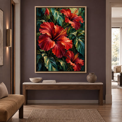 Red Hibiscus Tropical Flower Canvas Art with Lush Green Foliage