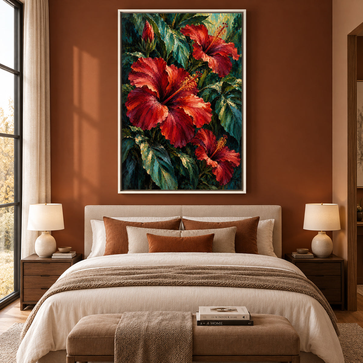 Red Hibiscus Tropical Flower Canvas Art with Lush Green Foliage