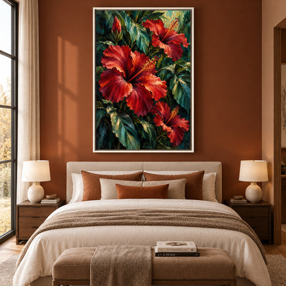 Red Hibiscus Tropical Flower Canvas Art with Lush Green Foliage