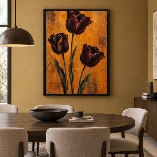 A framed vertical canvas print of three dark burgundy tulips on a textured orange background, hanging on a warm mustard-yellow wall above a wooden dining table with upholstered chairs.
