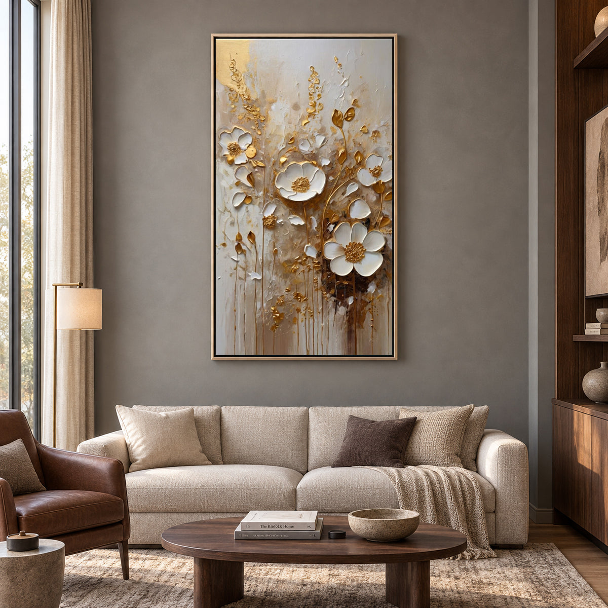 Luxury White and Gold Floral Canvas Wall Art for Elegant Interiors
