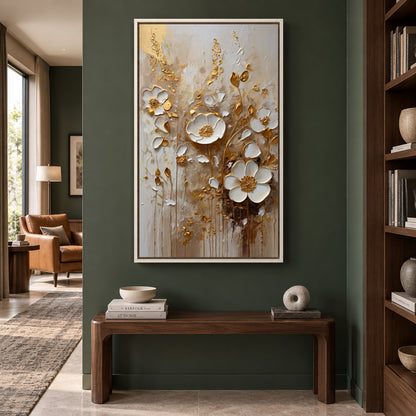 Luxury White and Gold Floral Canvas Wall Art for Elegant Interiors