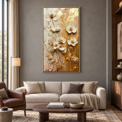 Golden Wildflower Vertical Canvas Wall Art for Luxury Interiors
