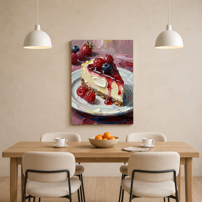 A vertical canvas art print depicting a slice of cheesecake with fresh berries and a drizzle of red syrup, displayed on a beige wall above a wooden dining table with chairs and pendant lights.
