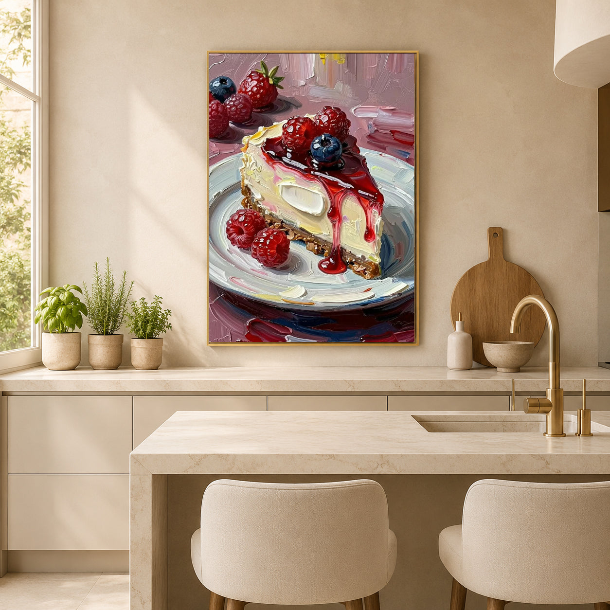 A framed canvas art print depicting a slice of berry cheesecake on a plate, hanging on a beige kitchen wall above a marble island with two cream chairs.