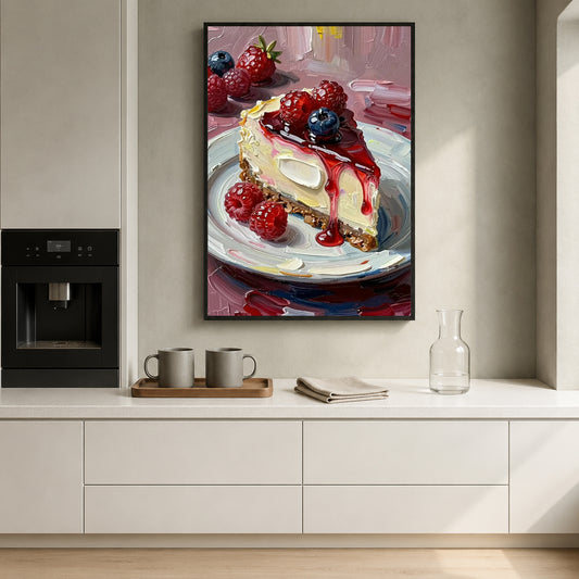 A vertical framed canvas print of a cheesecake slice topped with fresh berries, displayed on a kitchen wall above a white countertop with mugs and a glass carafe.
