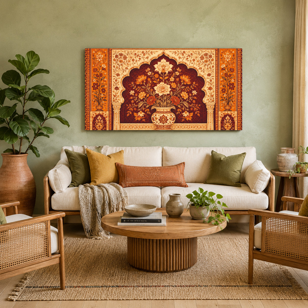 Indian Traditional Floral Wall Art Mughal Canvas Painting Decor