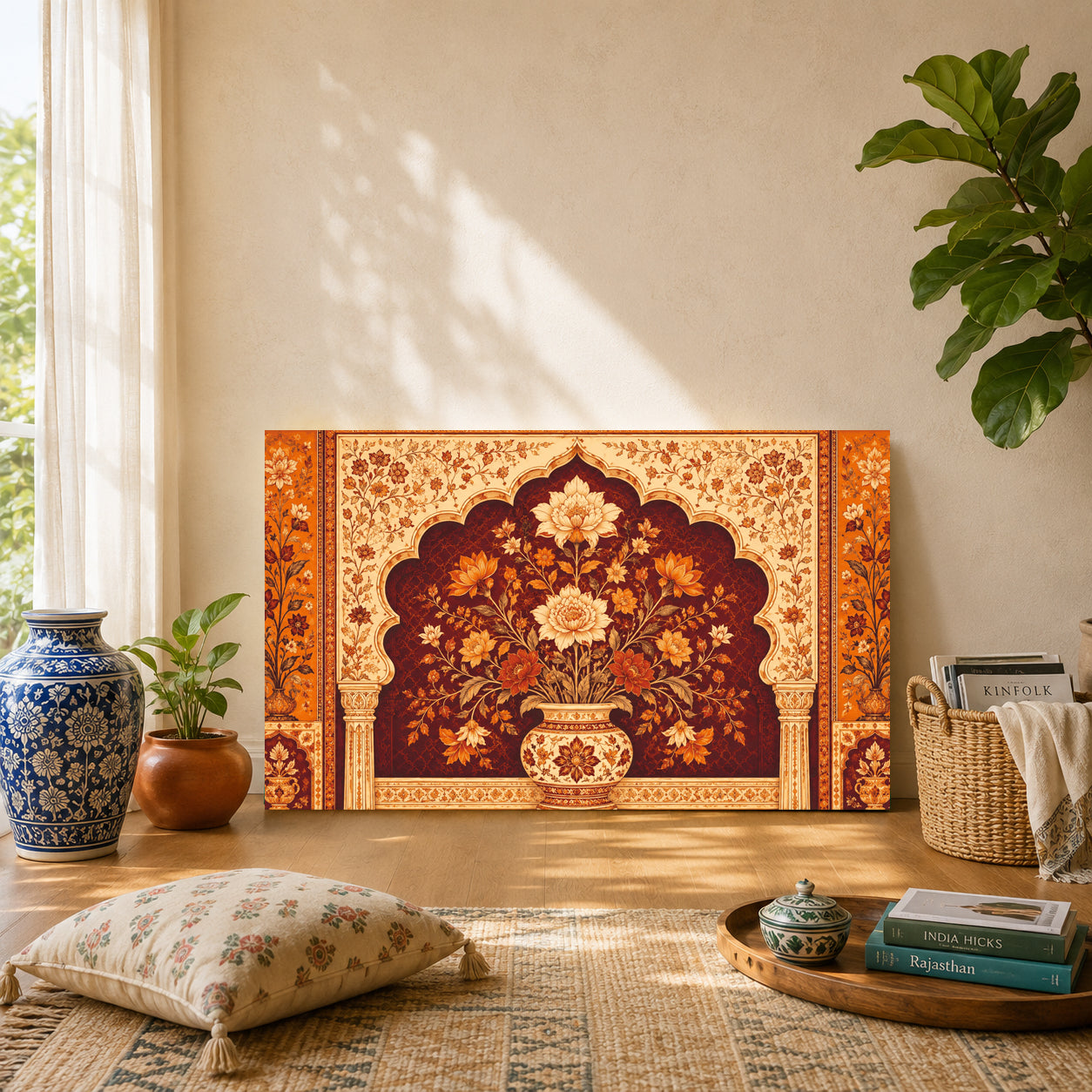 Indian Traditional Floral Wall Art Mughal Canvas Painting Decor