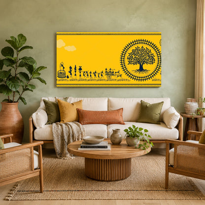 Indian Traditional Wall Art with Ethnic Tree of Life Village Design